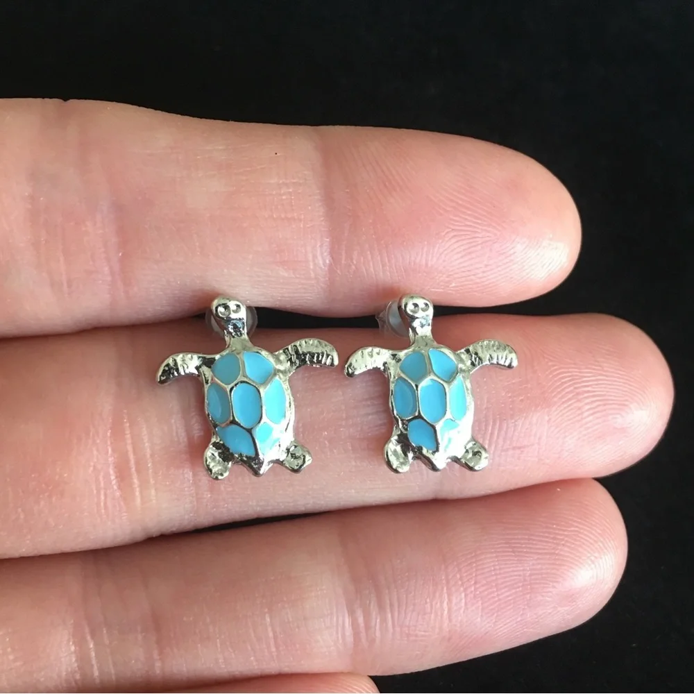 Blue and Silver Turtle Stud Earrings